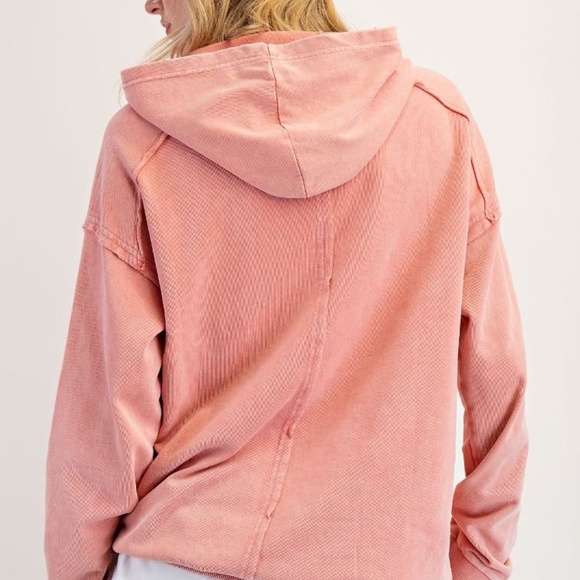 NEW EASEL CLOTHING WASHED TERRY KNIT PULLOVER PEACE HOODIE CORAL - Picture 10 of 10